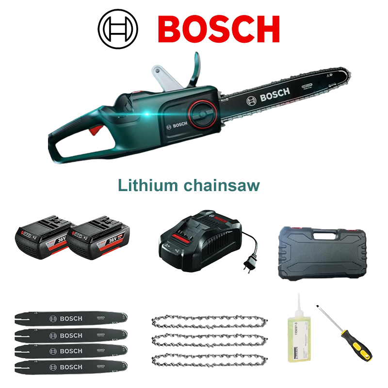Sierra eléctrica batería de litio Bosch 64V + cadena * 3 + guía * 4 + batería de litio 6Ah * 2 + cargador + caja de herramientas + grasa + destornillador