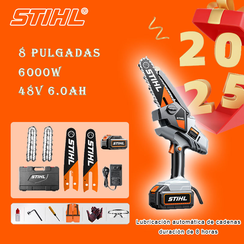 Sierra eléctrica de litio sin escobillas de 8 pulgadas, potencia 6000 W, batería de 48 V 6,0 Ah*2, cargador, guía*1, cadena*2, caja de herramientas, lubricante y gafas, cinco años de garantía