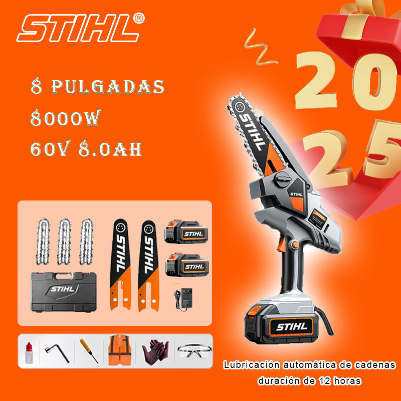 Sierra eléctrica de litio sin escobillas de 8 pulgadas, potencia de 8000 W, batería de 60 V y 8,0 Ah*2, cargador, guía*2, cadena*3, caja de herramientas, lubricante y gafas, cinco años de garantía