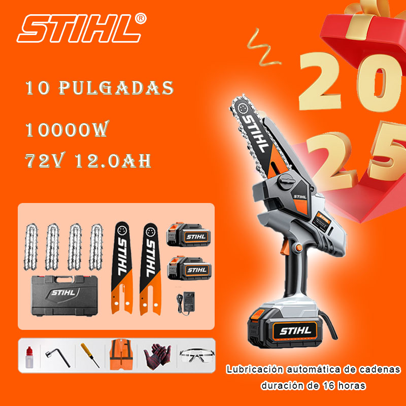 Sierra eléctrica de litio sin escobillas de 10 pulgadas, potencia de 10000 W, batería de 72 V y 12 Ah*2, cargador, placa guía*2, cadena*4, caja de herramientas, lubricante y gafas, garantía de cinco años