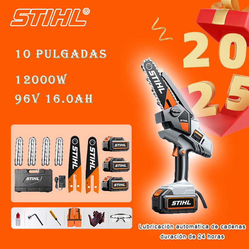 Sierra eléctrica de litio sin escobillas de 10 pulgadas, potencia 12000 W, batería de 96 V 16 Ah*3, cargador, guía*2, cadena*4, caja de herramientas, lubricante y gafas, cinco años de garantía